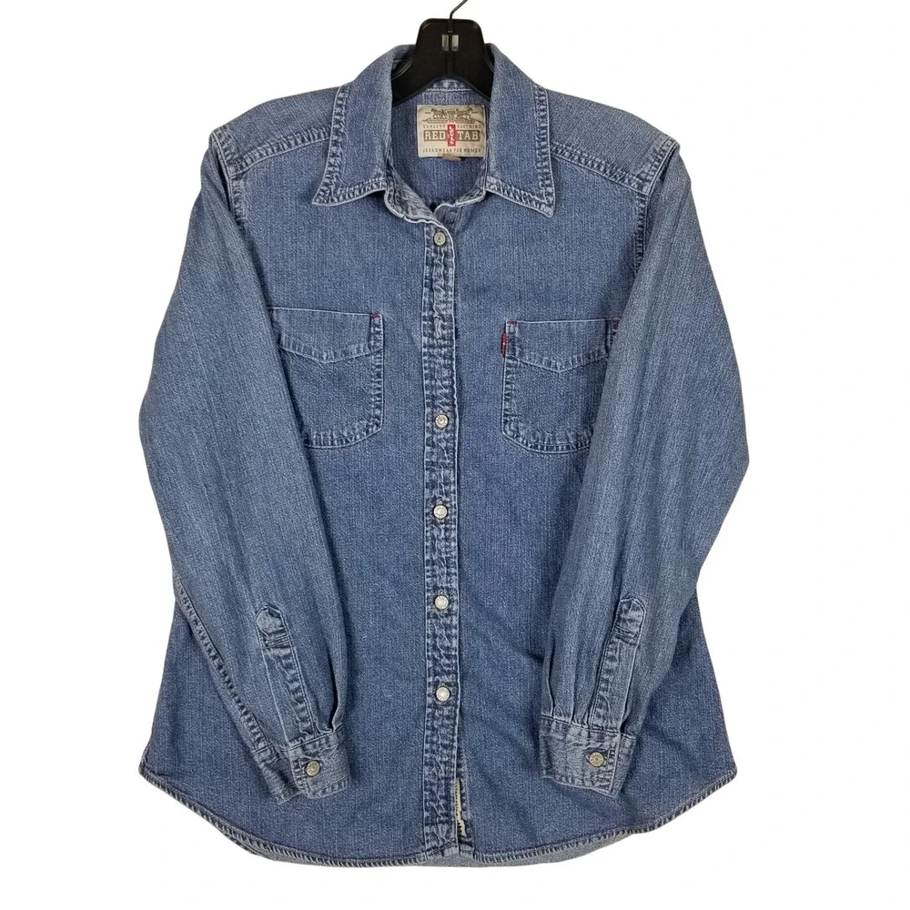 Levi's Denim Shirt Men Size M Blue Red Tab Western Long Sleeve Button Up 258s